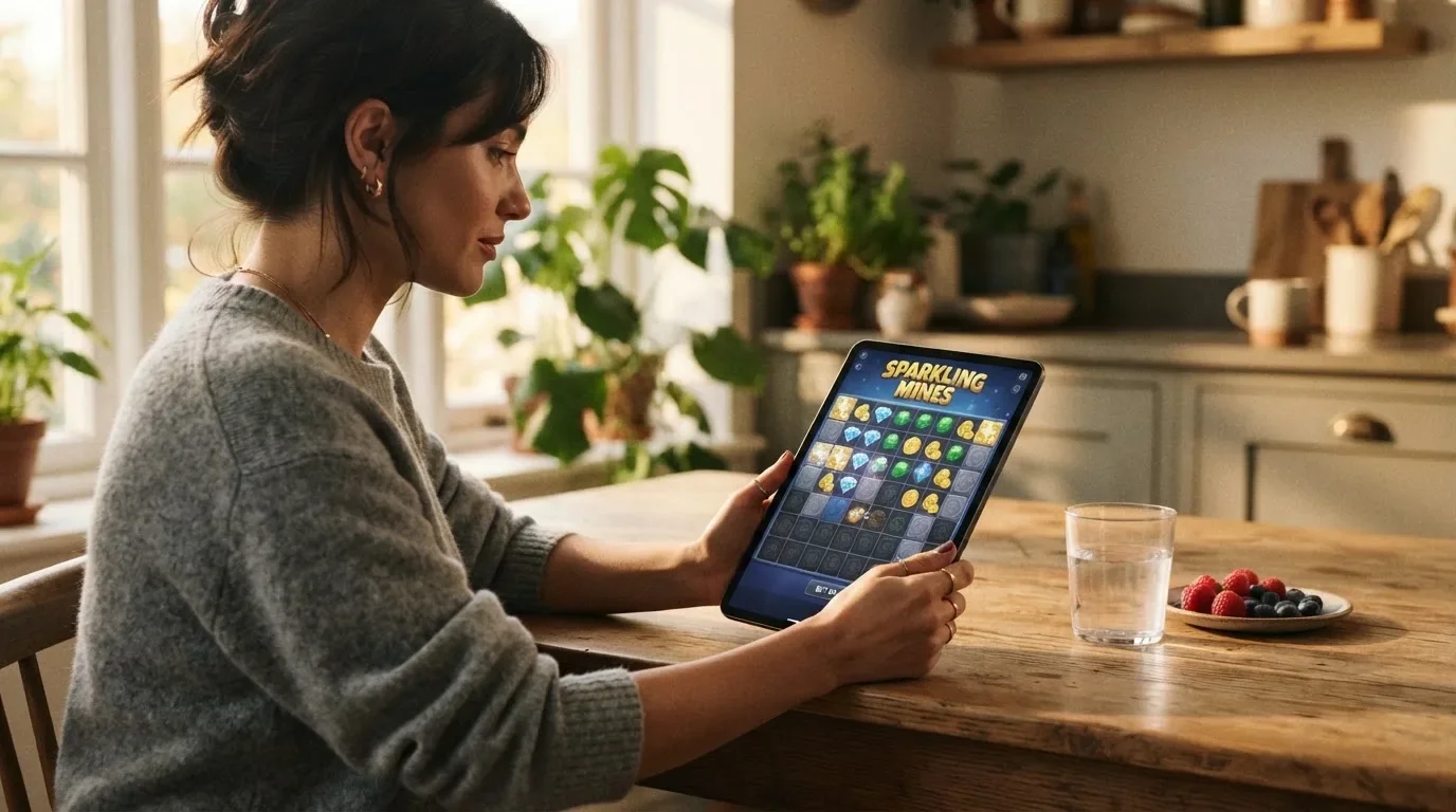 Una persona prueba una partida gratuita en la pantalla de su tableta, sentada en la mesa de la cocina por la tarde.