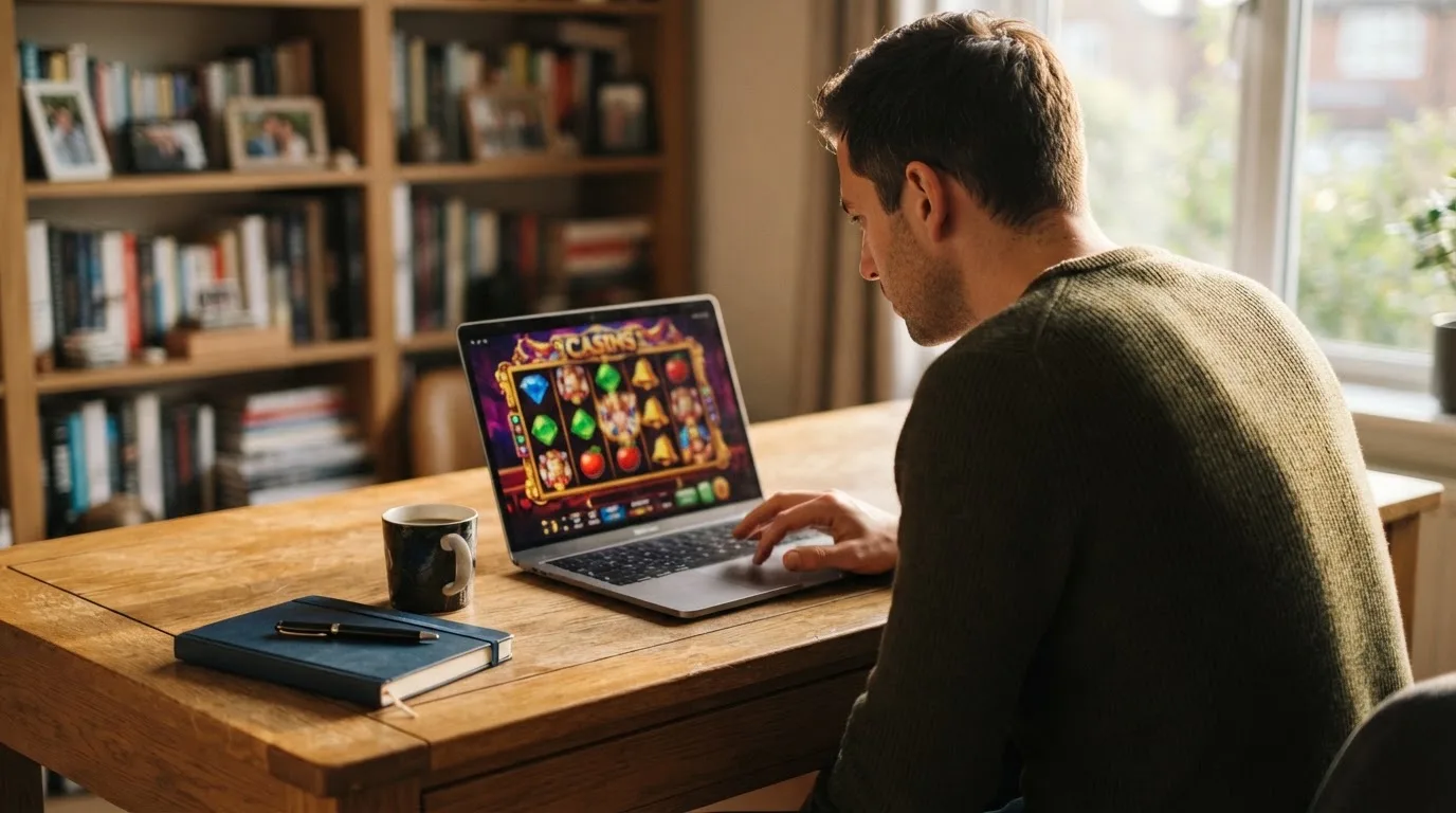 Un hombre observa con atención la pantalla de su ordenador portátil mientras juega a un título de casino online en casa.